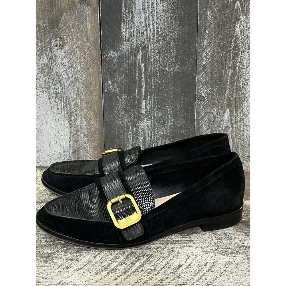 Vince Camuto Black Leather Loafer Flats Buckle Square Toe Animal Print  7.5